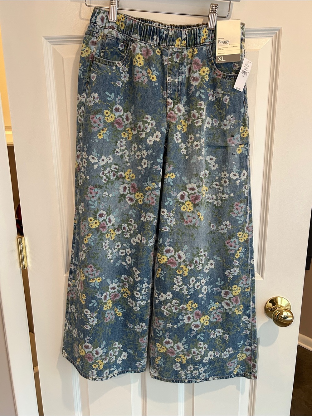 Gap Kids Midrise Wide-Leg Floral Denim Pants - Blue with Yellow & Pink Flowers